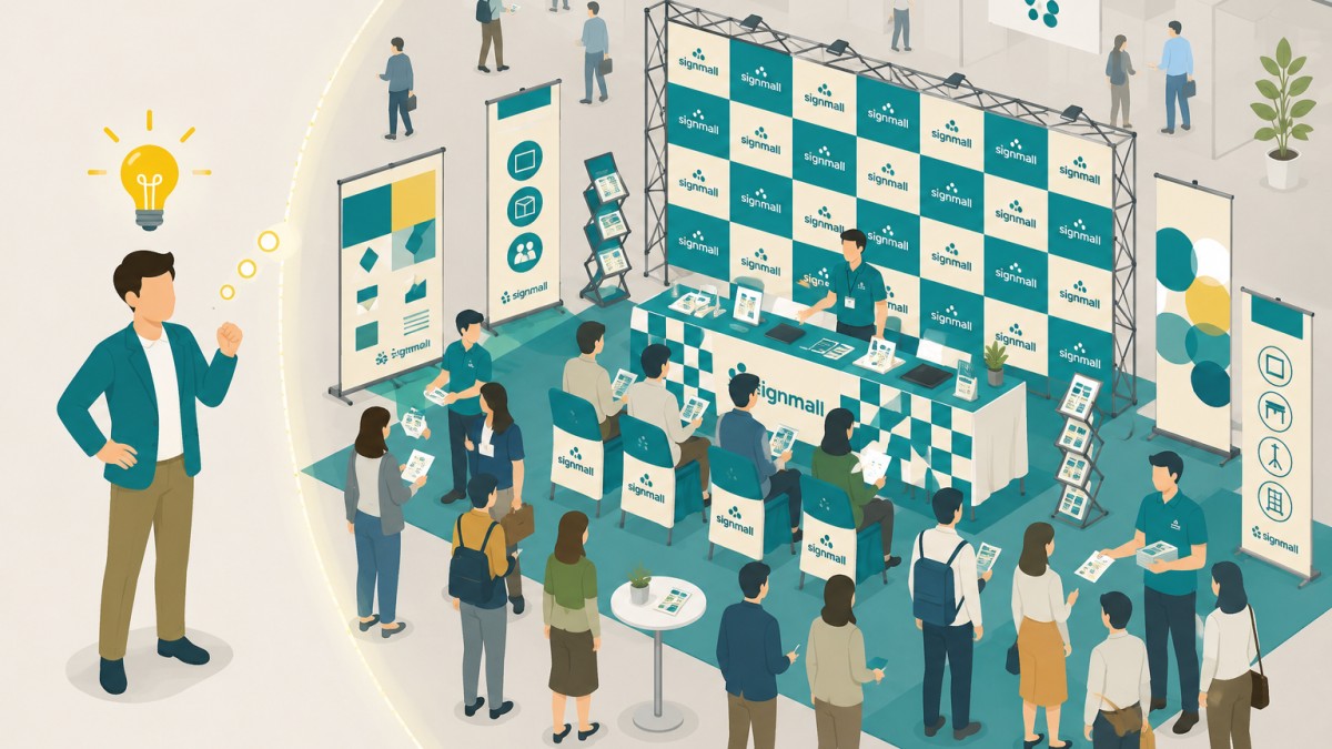 ひらめいた担当者が思い描く、バックパネルとバナースタンドで整えた理想のイベントブースと賑わう来場者