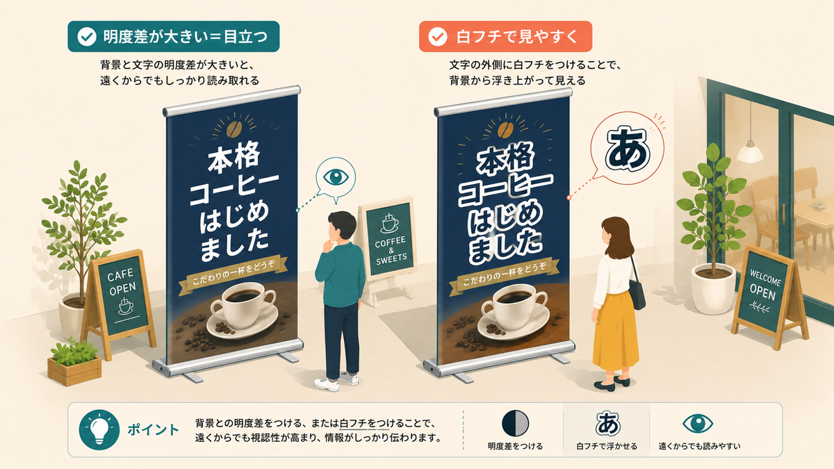 濃い背景に明るい文字と白フチ袋文字を使った見やすさの比較模式図