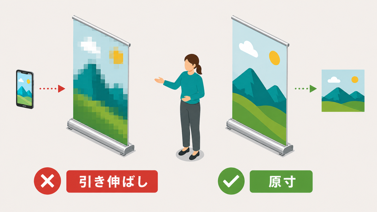 小さい画像を引き伸ばすと粗く原寸で用意すると綺麗になることを示すNGとOKの比較図