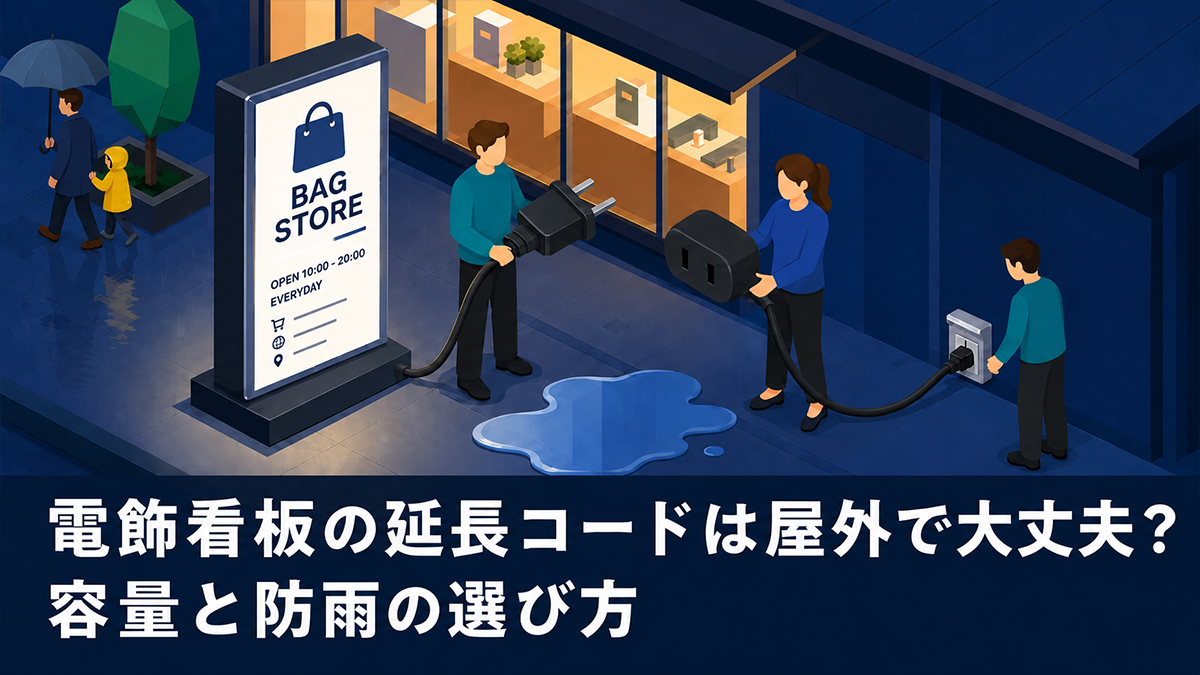 店先の軒下に置かれた電飾スタンド看板と電源コード