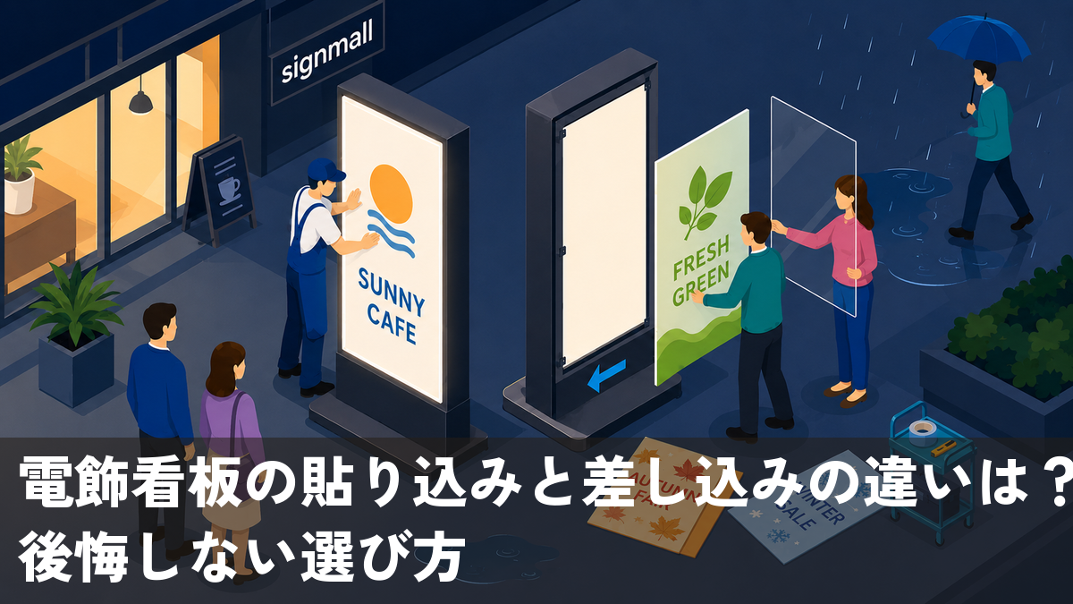 貼り込み式と差し込み式の電飾看板を並べ、季節ごとにフィルムを差し替える店先の様子