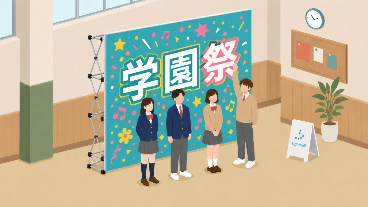 約2.2m角のバックパネル3×3タイプの前に学生4人が全身で並び大きさを比較するイメージ