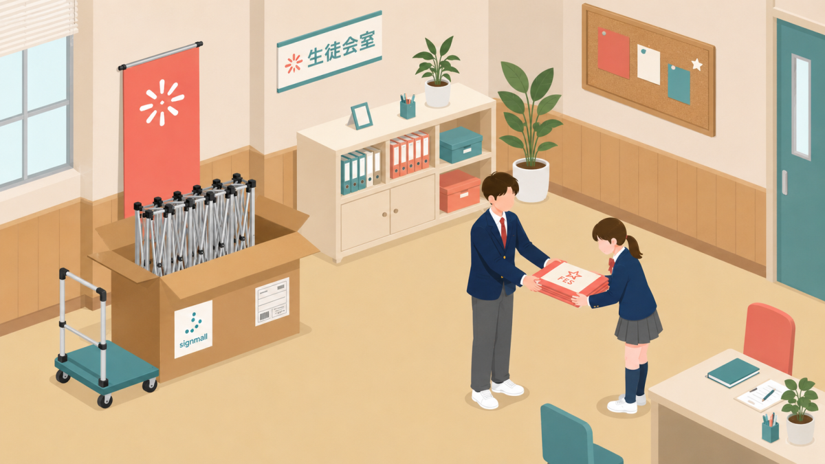 レンタルのフレームは箱詰めして返却し畳んだ印刷幕だけを翌年の実行委へ手渡しで引き継ぐ様子