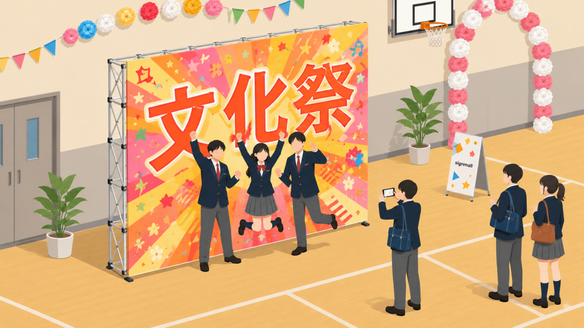 文化祭の大型バックパネルの前で学生がポーズをとりスマホで撮影する、どの写真にも祭名が写り込むフォトスポット