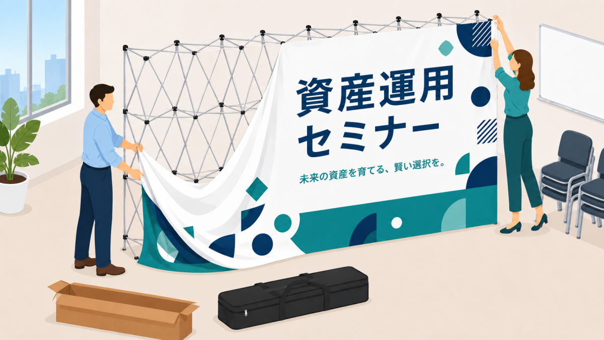 「資産運用セミナー」のロゴ入り印刷幕をジャバラ式フレームに貼り付けて登壇背景を仕上げる様子