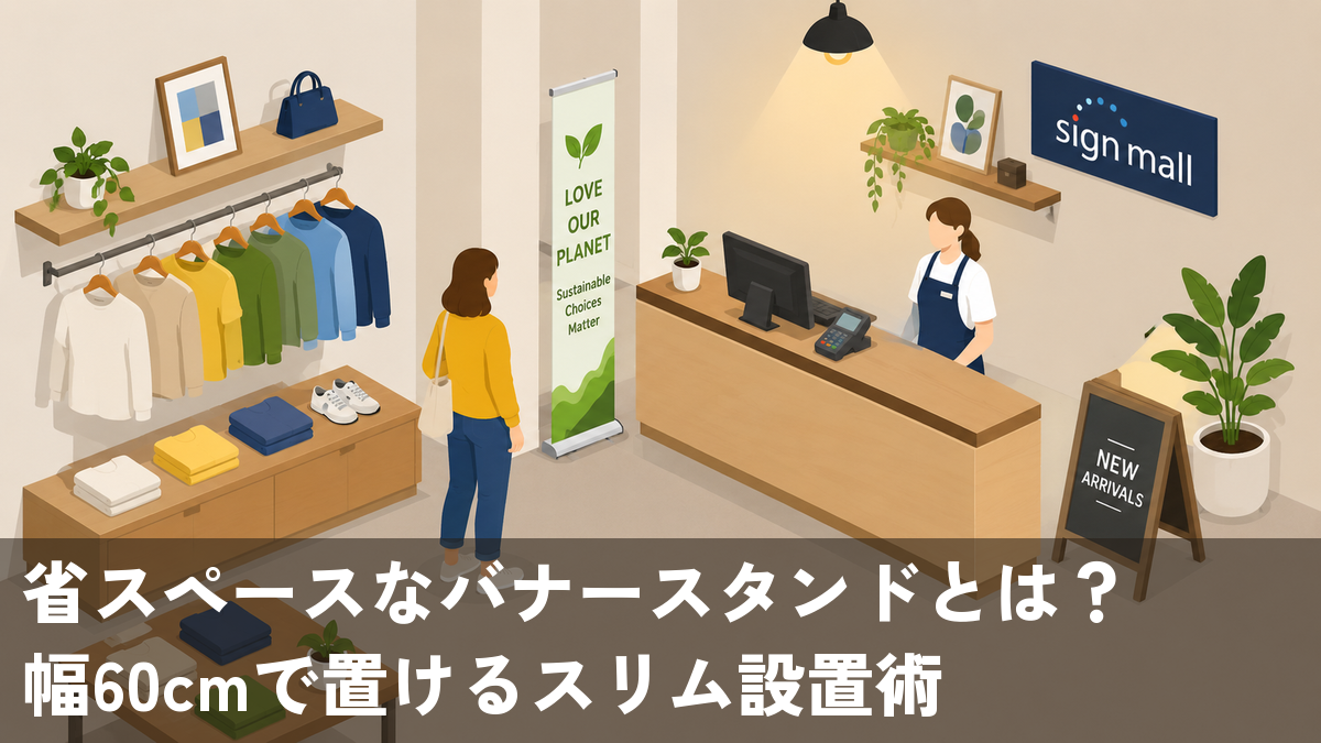 店内のレジ横と柱のあいだの狭い隙間にすっきり立つスリムなバナースタンドに通行客が目を止める様子