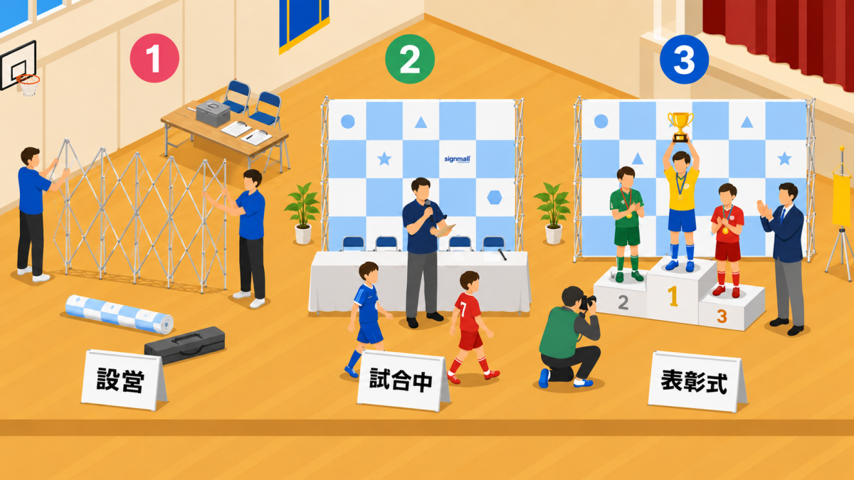 大会当日の朝に設営して決勝直後に表彰式へ移る流れのイメージ図