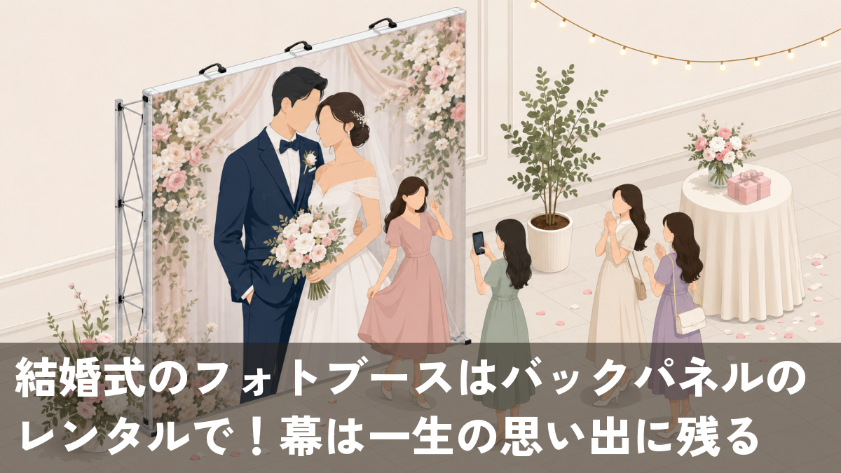 結婚式のウェルカムスペースでレンタルの大型バックパネルを背景にゲストが記念撮影するフォトブース