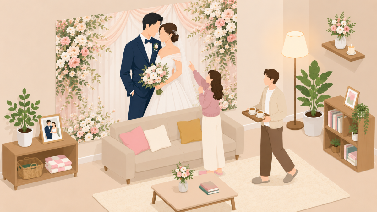 結婚式で使った花柄の印刷幕を自宅リビングに飾り夫婦で眺める思い出の一枚