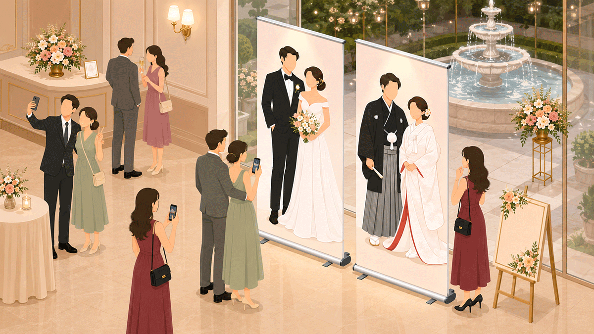 和装と洋装の2パターンの新郎新婦写真を掲示するバナースタンド