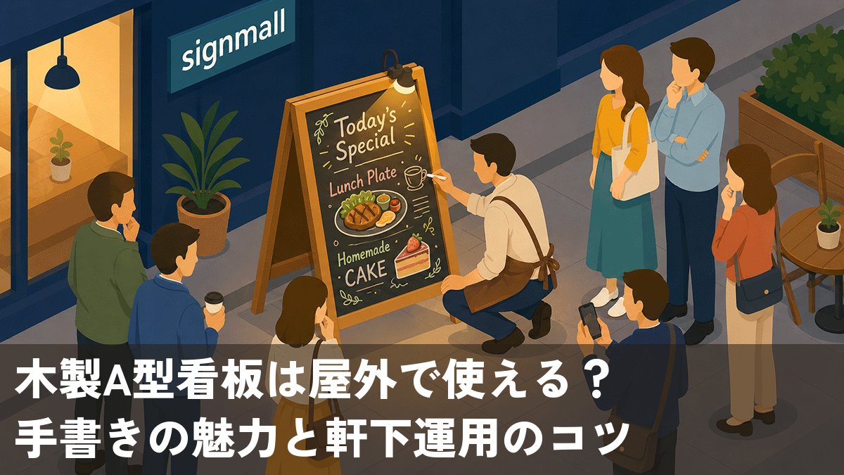 カフェの店主が店頭の木製A型看板の黒板にチョークで手書きする様子