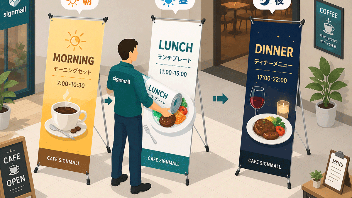 同じ1台のXバナーを朝・昼・夜でモーニング・ランチ・ディナー表示に替える運用イメージ