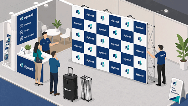 展示会ブースのイラスト。signmallのロゴがチェッカー柄に並んだ大型バックパネル（バックボード）の前で、スタッフが来客と商談を行っているイメージ
