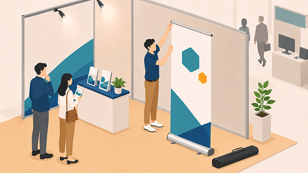 展示会ブースのイラスト。スタッフがロールアップバナースタンドのスクリーンを引き上げて設置している様子と、カタログスタンドを眺める来客の風景