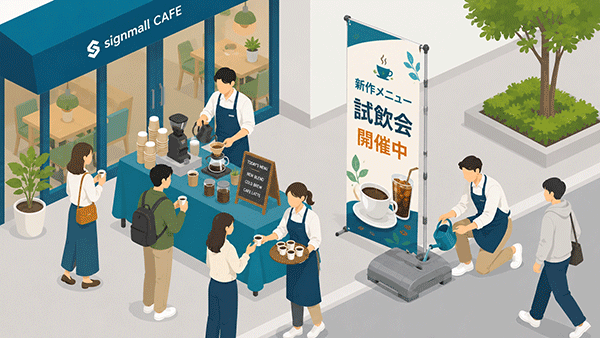 カフェ店頭でのコーヒー試飲イベントのイラスト。注水タンクベースで風に強い屋外対応バナースタンドを設置し、多くの人で賑わっている様子