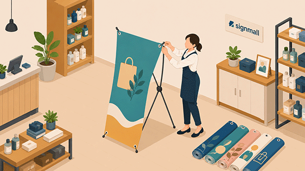 ショップ店内のイラスト。女性スタッフがセールの告知用に、軽量なハトメ型（X型）バナースタンドの幕をフレームにセットして組み立てている様子