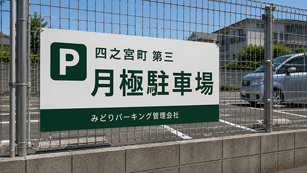 月極駐車場のフェンスに設置した駐車場案内のプレート看板
