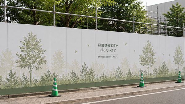 工事現場の仮囲いに掲示した工事のお知らせ看板