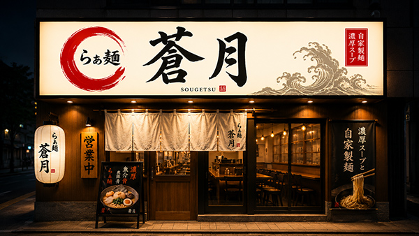 飲食店の店舗正面に掲げた大型の内照式ファサード看板