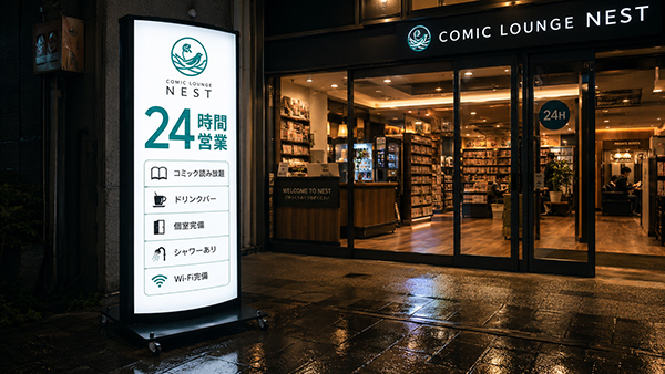 店頭に置いた夜間に光るキャスター付きの電飾スタンド看板