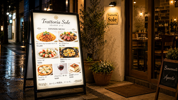 飲食店の店頭に置いた料理写真の電飾メニュースタンド看板