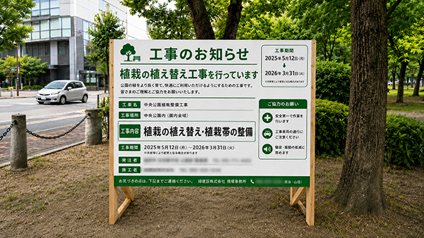 木枠で固定した工事のお知らせ看板の設置例