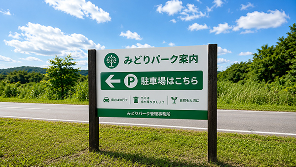 2本の支柱で自立した野立ての案内看板