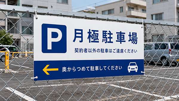 月極駐車場のフェンスに設置した駐車場案内の看板