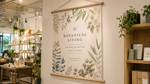 店内の壁面に掛けた植物柄の装飾タペストリー