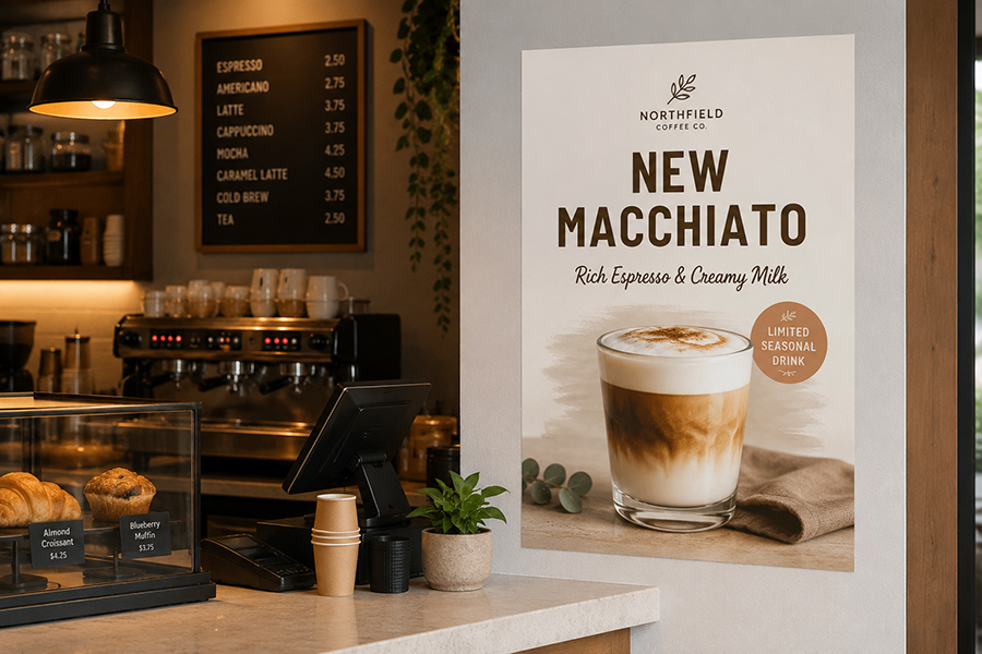 カフェの壁に額縁なしで貼った、新作ドリンク告知のポスター状デジタルプリント壁紙のイメージ