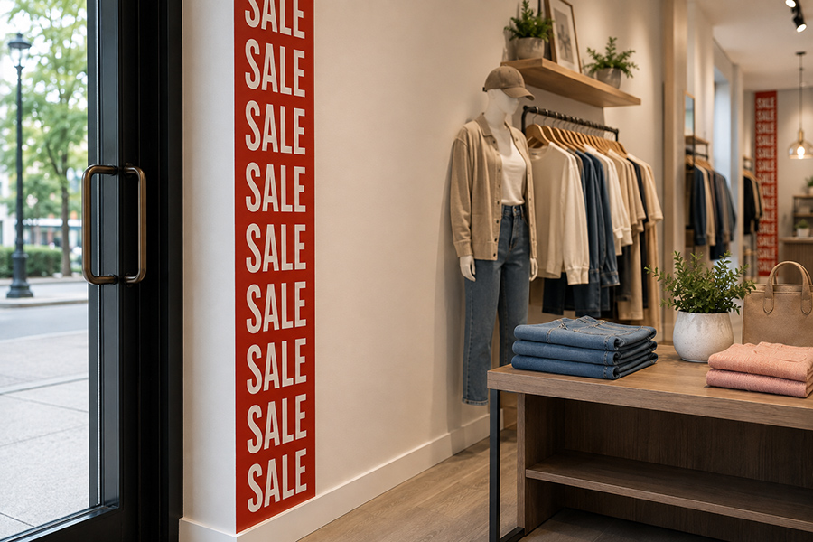 アパレル店の入口脇の壁に、SALEの文字を並べた細い帯状のデジタルプリント壁紙を貼ったイメージ