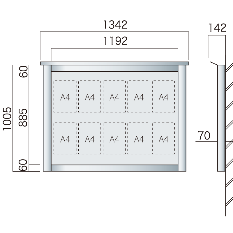 保護板(ガラス)なし 屋外用簡易・壁付型アルミ掲示板 SBD-1210W(幅1342mm) シルバーつや消し (SBD-1210W(S))