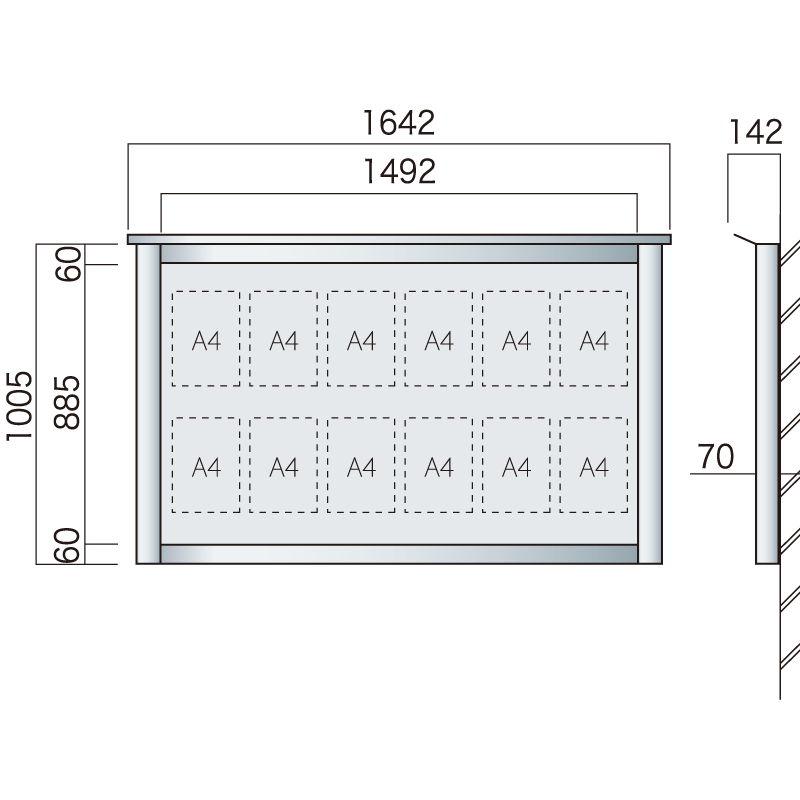 保護板(ガラス)なし 屋外用簡易・壁付型アルミ掲示板 SBD-1510W(幅1642mm) シルバーつや消し (SBD-1510W(S))