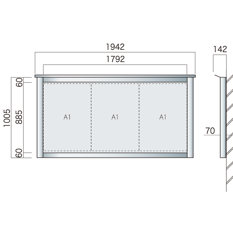 保護板(ガラス)なし 屋外用簡易・壁付型アルミ掲示板 SBD-1810W(幅1942mm) シルバーつや消し (SBD-1810W(S))