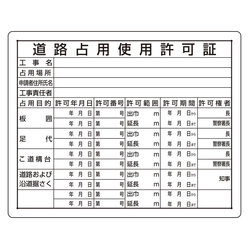 法令許可票 道路占用使用許可証 材質:鉄板 (普通山) (302-10A)