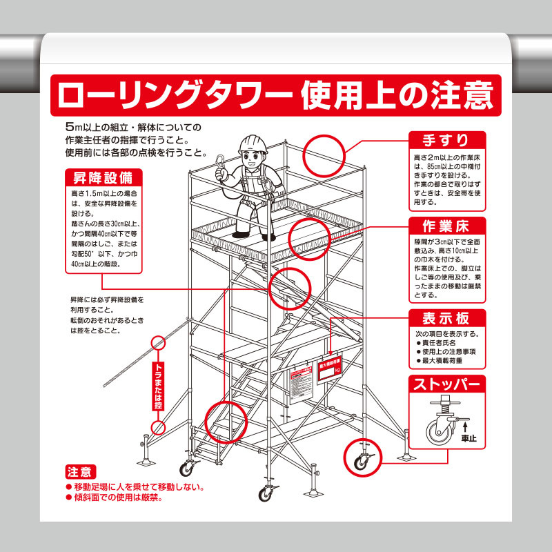 ワンタッチ取付標識 ローリングタワー使用上の注意 (340-114C)