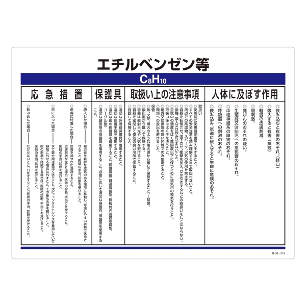 特定化学物質関係標識 450×600×1mm 表記:エチルベンゼン等 (035318)