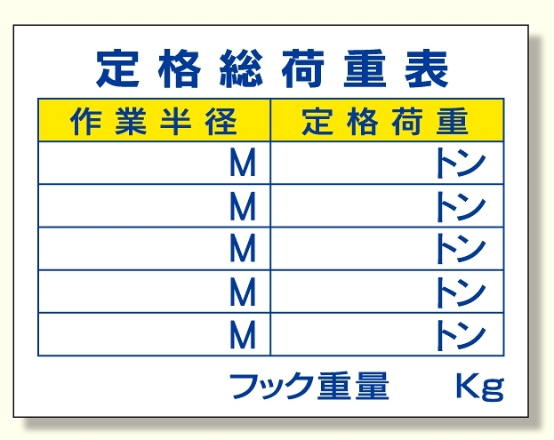 建設機械関係標識 定格総荷重表 (326-10)