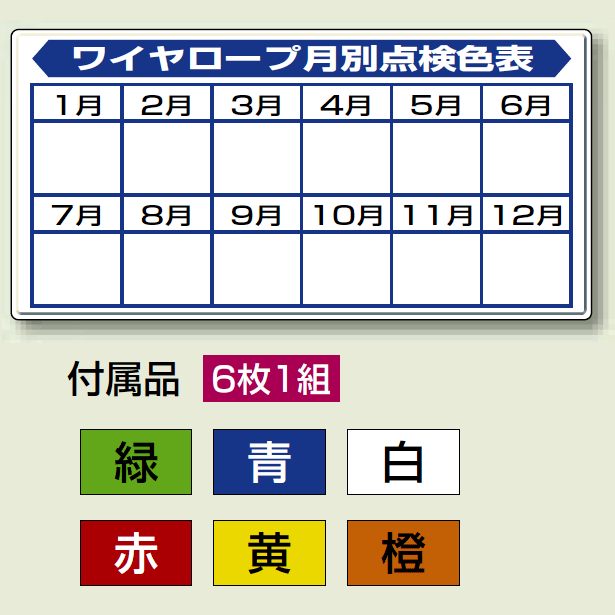 玉掛関係標識 ワイヤーロープ月別点検色表 セット (804-91)