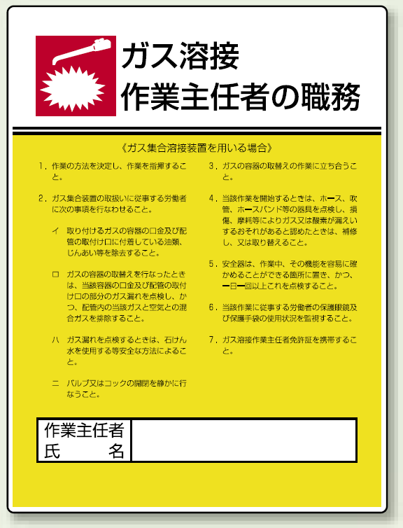 ガス溶接 「作業主任者職務表示板」 ガス集合溶接装置 (808-10)