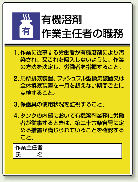 有機溶剤 「作業主任者職務表示板」 (808-15A)