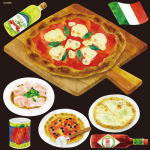 イタリアン(8) ピッツァ４種 看板・ボード用イラストシール (W285×H285mm) 
