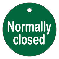 バルブ開閉札 50mm丸 両面印刷 表記:Nomally closed (151130)