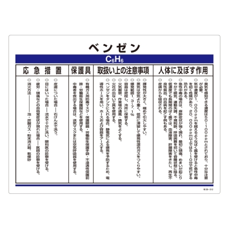 特定化学物質関係標識 450×600×1mm 表記:ベンゼン (035312)
