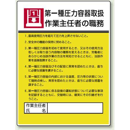 第一種圧力容器取扱 作業主任者職務表示板 808 07 安全用品 工事看板通販のサインモール
