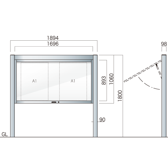 跳ね上げ式自立アルミ掲示板 AGS-1810(幅1894mm) 照明なし シルバーつや消し AGS-1810(S)