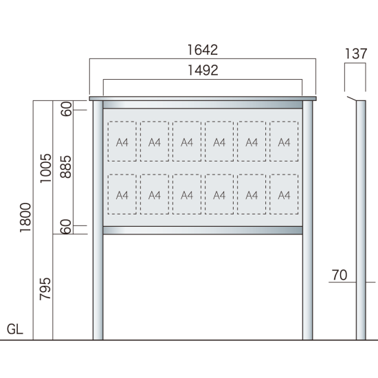 保護板(ガラス)なし 屋外用簡易・自立型アルミ掲示板 SBD-1510(幅1642mm) シルバーつや消し (SBD-1510(S))