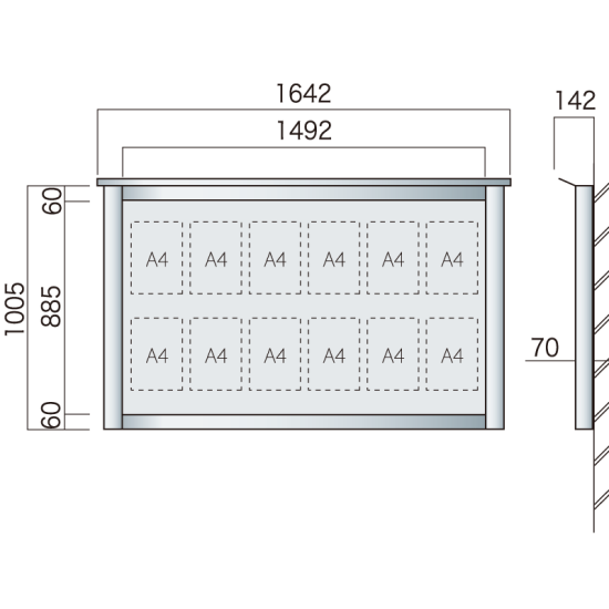 保護板(ガラス)なし 屋外用簡易・壁付型アルミ掲示板 SBD-1510W(幅1642mm) シルバーつや消し (SBD-1510W(S))
