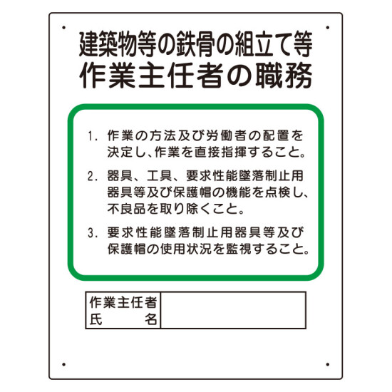 作業主任者職務板 建築物鉄骨組立等 (356-20A)