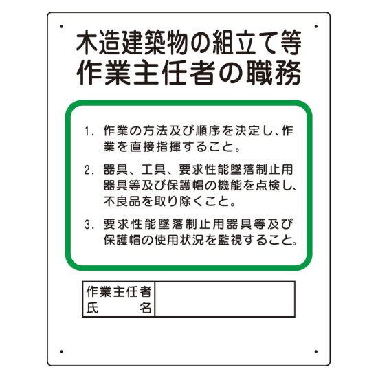 作業主任者職務板 木造建築物の組立て等 (356-25A)